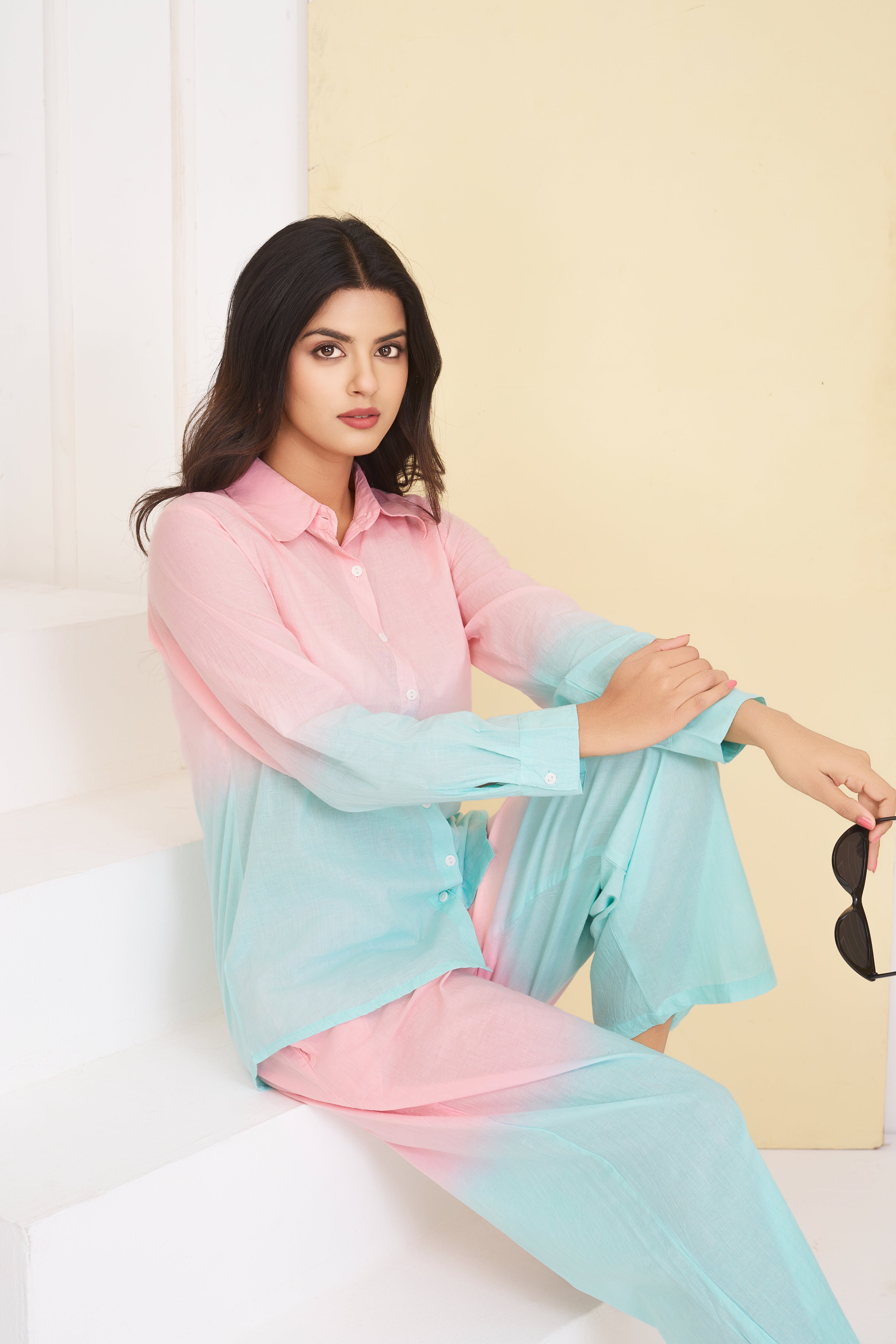 Pastel Blue - Pink Dyed Cambric Cotton  Co-ord Set