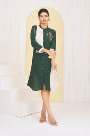 Green & White Cotton Bird Motif Embroidered Rayon Dress