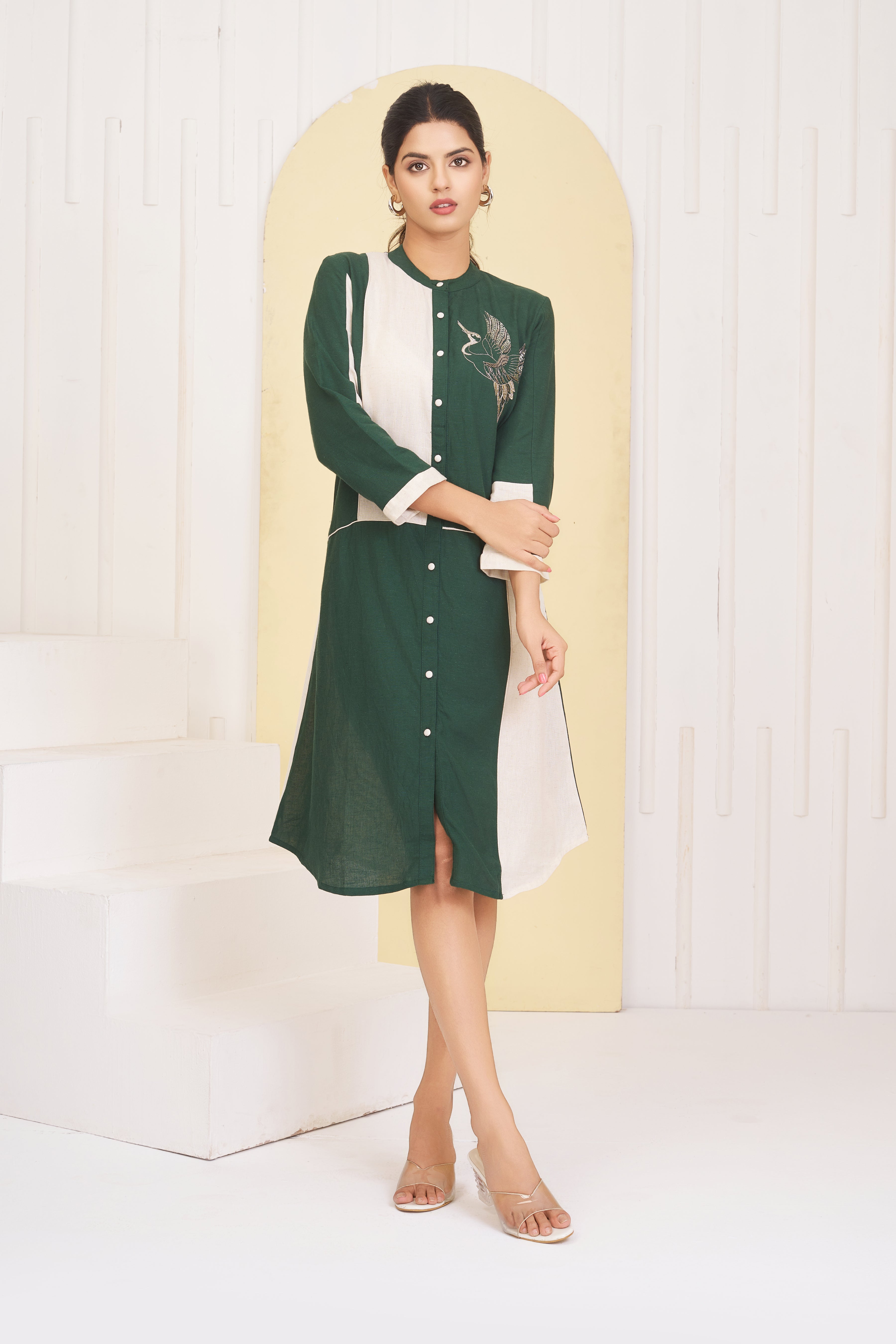 Green & White Cotton Bird Motif Embroidered Rayon Dress