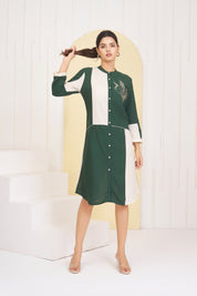 Green & White Cotton Bird Motif Embroidered Rayon Dress