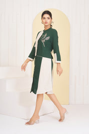 Green & White Cotton Bird Motif Embroidered Rayon Dress