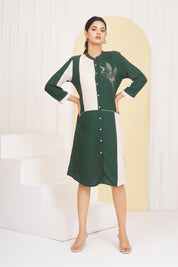 Green & White Cotton Bird Motif Embroidered Rayon Dress