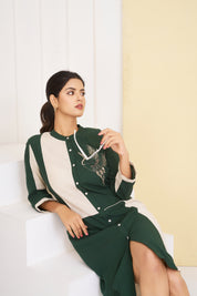 Green & White Cotton Bird Motif Embroidered Rayon Dress