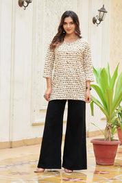 Cream Warli Camel Motif Cotton Short Kurti