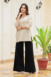 Cream Warli Camel Motif Cotton Short Kurti