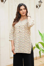 Cream Warli Camel Motif Cotton Short Kurti