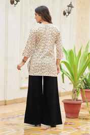 Cream Warli Camel Motif Cotton Short Kurti