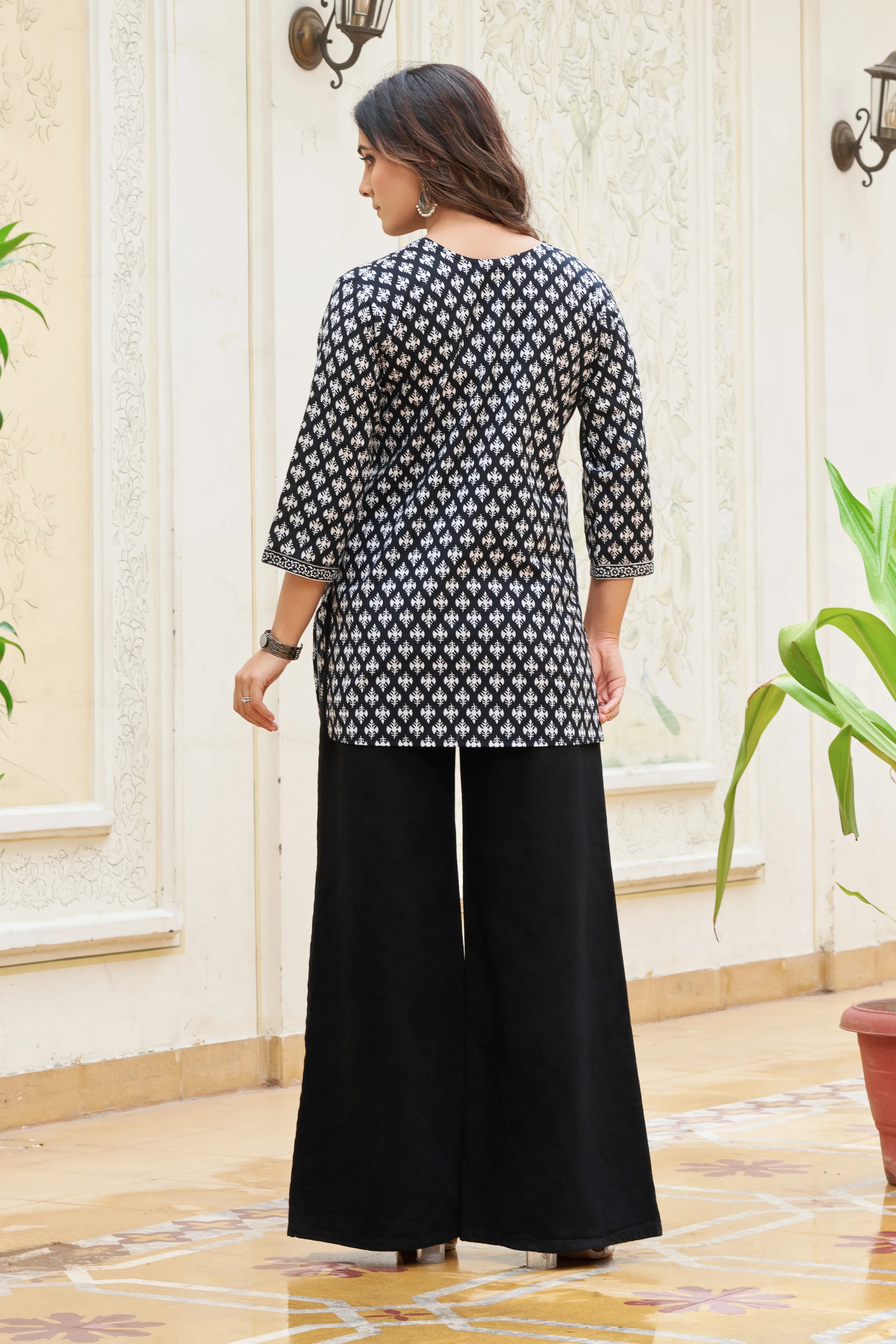 Black Base White Print Cotton Cambric Short Kurti