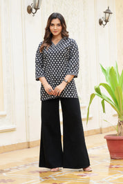 Black Base White Print Cotton Cambric Short Kurti