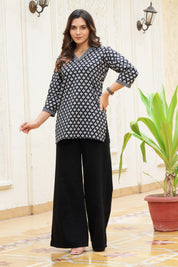 Black Base White Print Cotton Cambric Short Kurti