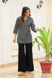 Black Base White Print Cotton Cambric Short Kurti