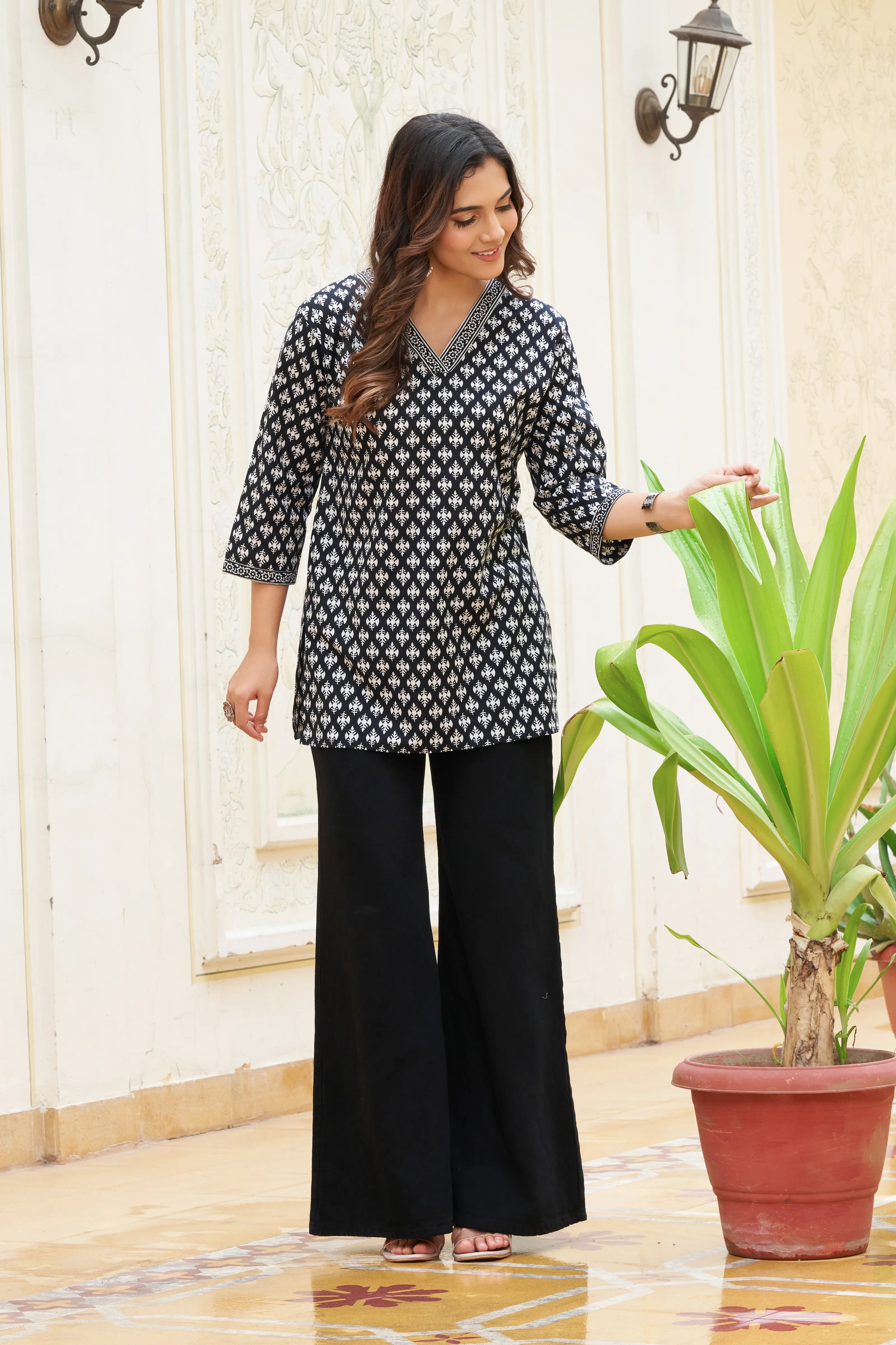 Black Base White Print Cotton Cambric Short Kurti