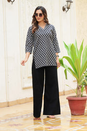 Black Base White Print Cotton Cambric Short Kurti
