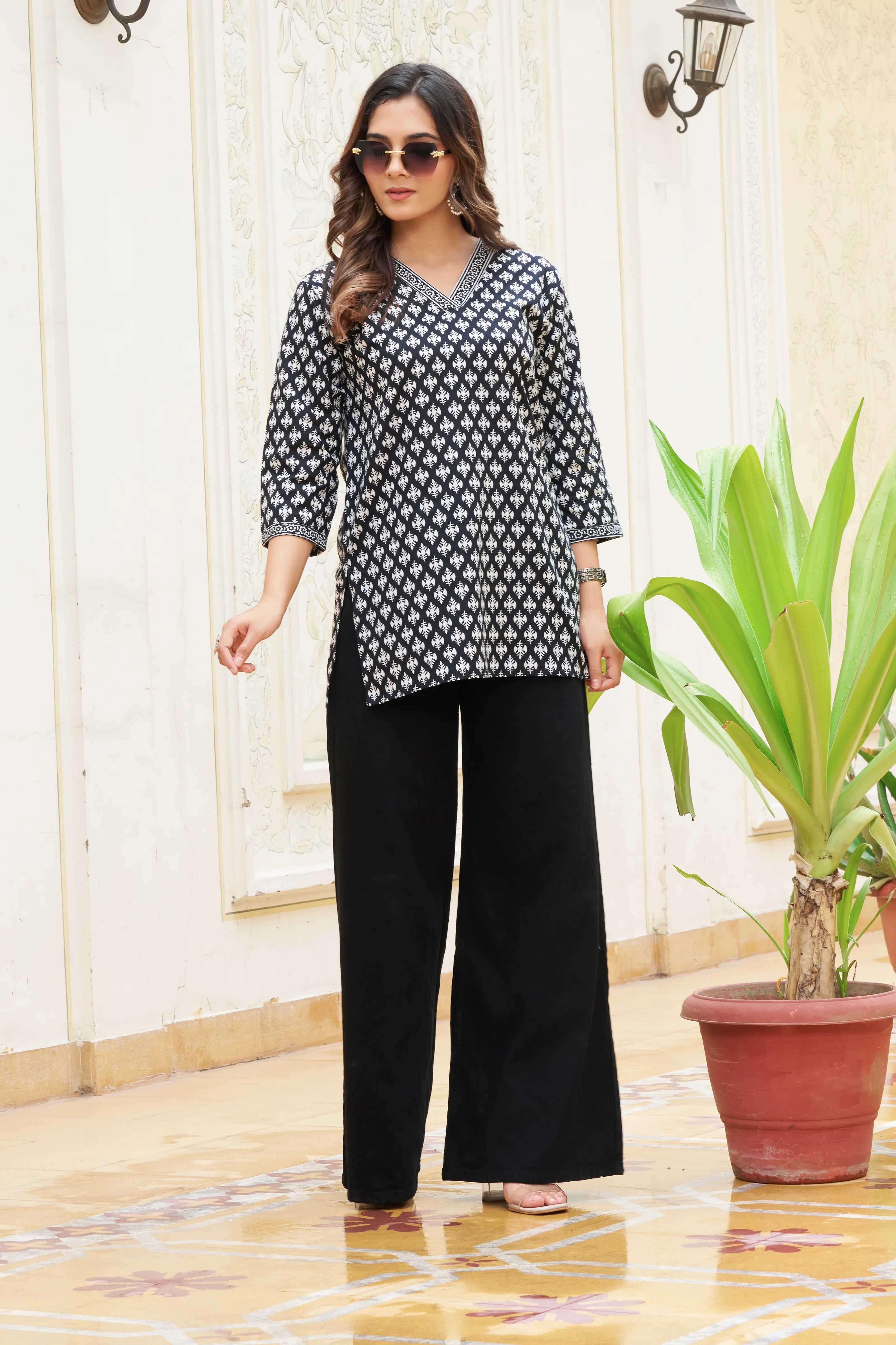 Black Base White Print Cotton Cambric Short Kurti