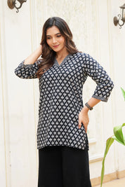 Black Base White Print Cotton Cambric Short Kurti
