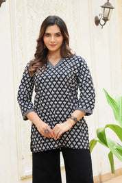 Black Base White Print Cotton Cambric Short Kurti
