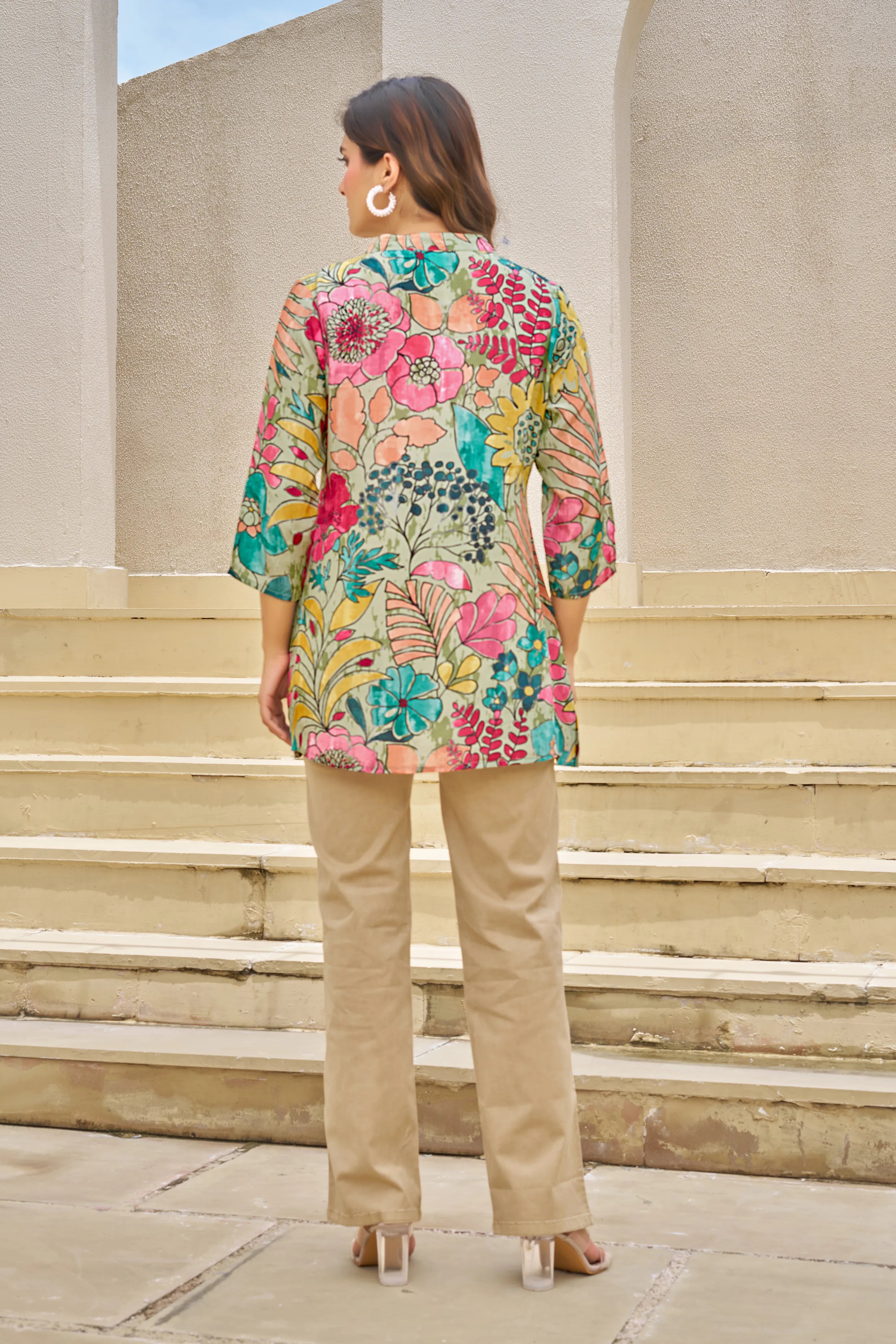 Mint Green Base Multicolor Embellished Floral Muslin Tunic