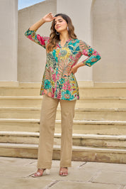 Mint Green Base Multicolor Embellished Floral Muslin Tunic
