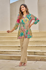 Mint Green Base Multicolor Embellished Floral Muslin Tunic