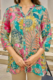 Mint Green Base Multicolor Embellished Floral Muslin Tunic