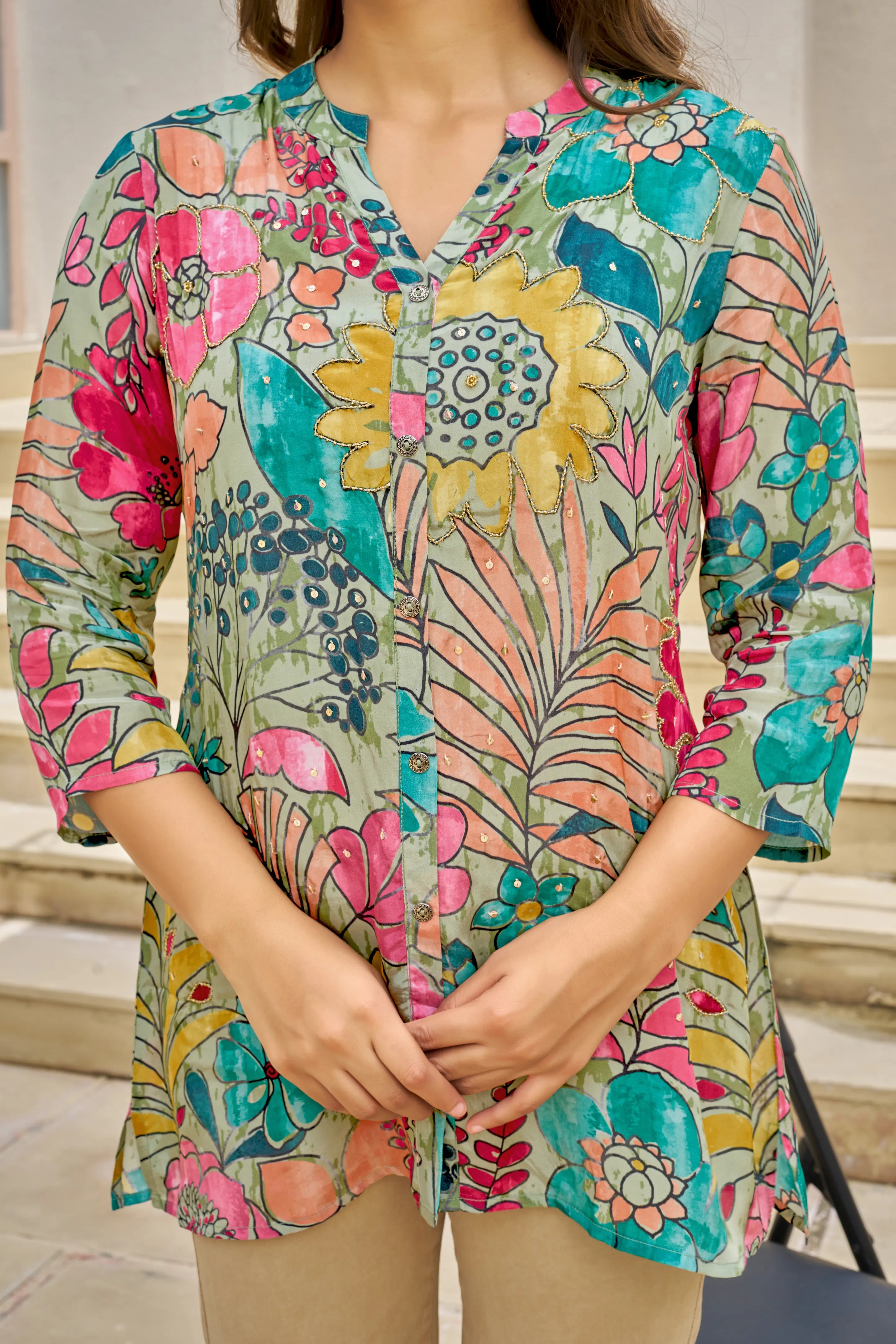 Mint Green Base Multicolor Embellished Floral Muslin Tunic