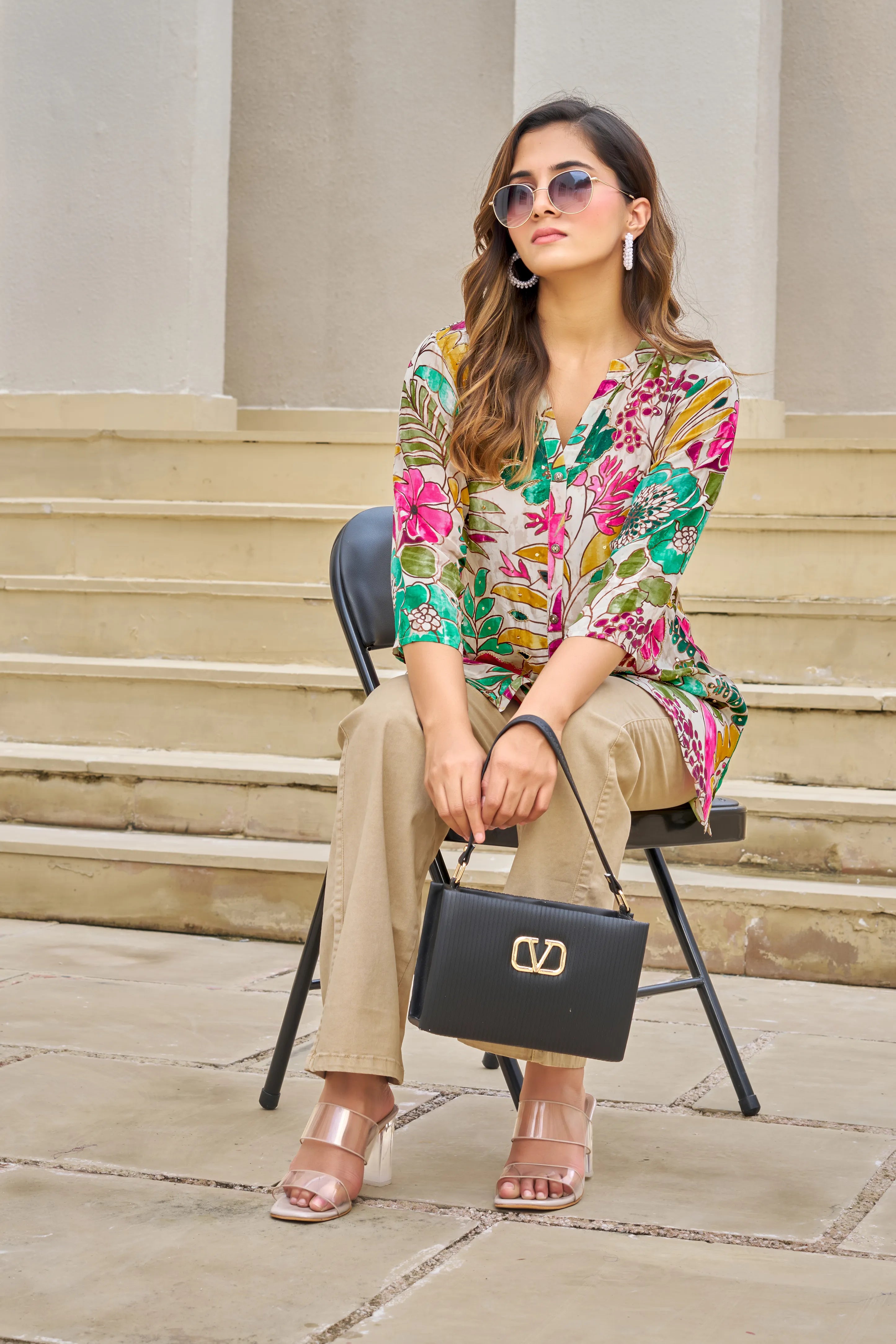 Off-White Base Multicolor Embellished Floral Muslin Tunic