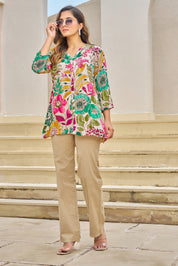 Off-White Base Multicolor Embellished Floral Muslin Tunic