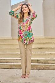 Off-White Base Multicolor Embellished Floral Muslin Tunic