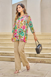Off-White Base Multicolor Embellished Floral Muslin Tunic