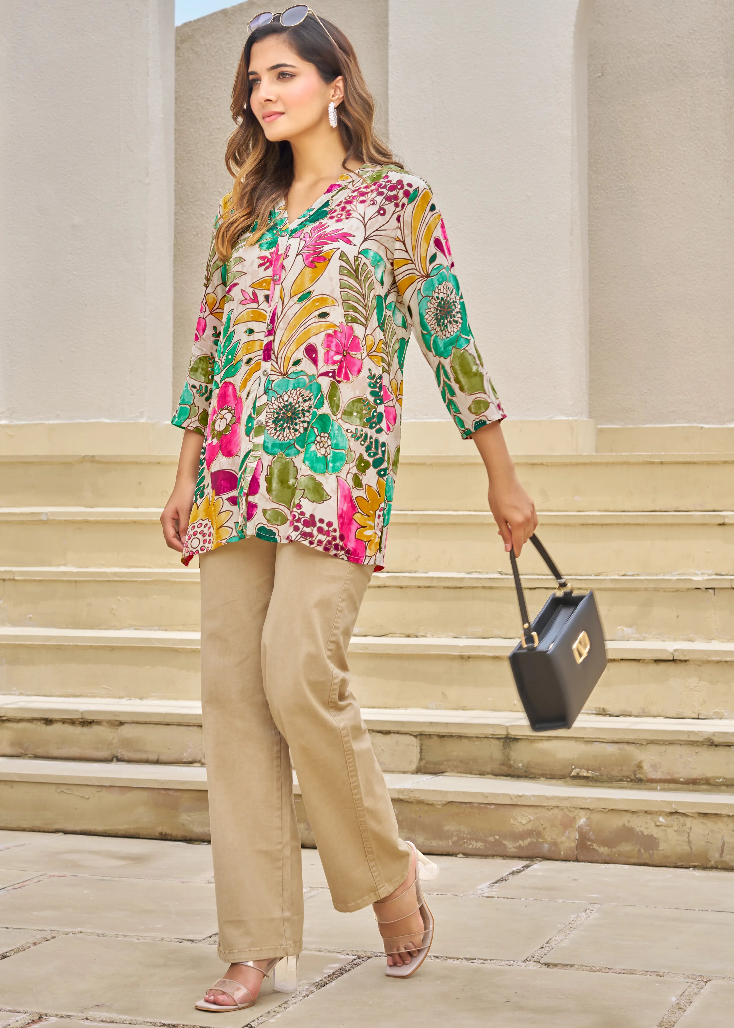 Off-White Base Multicolor Embellished Floral Muslin Tunic