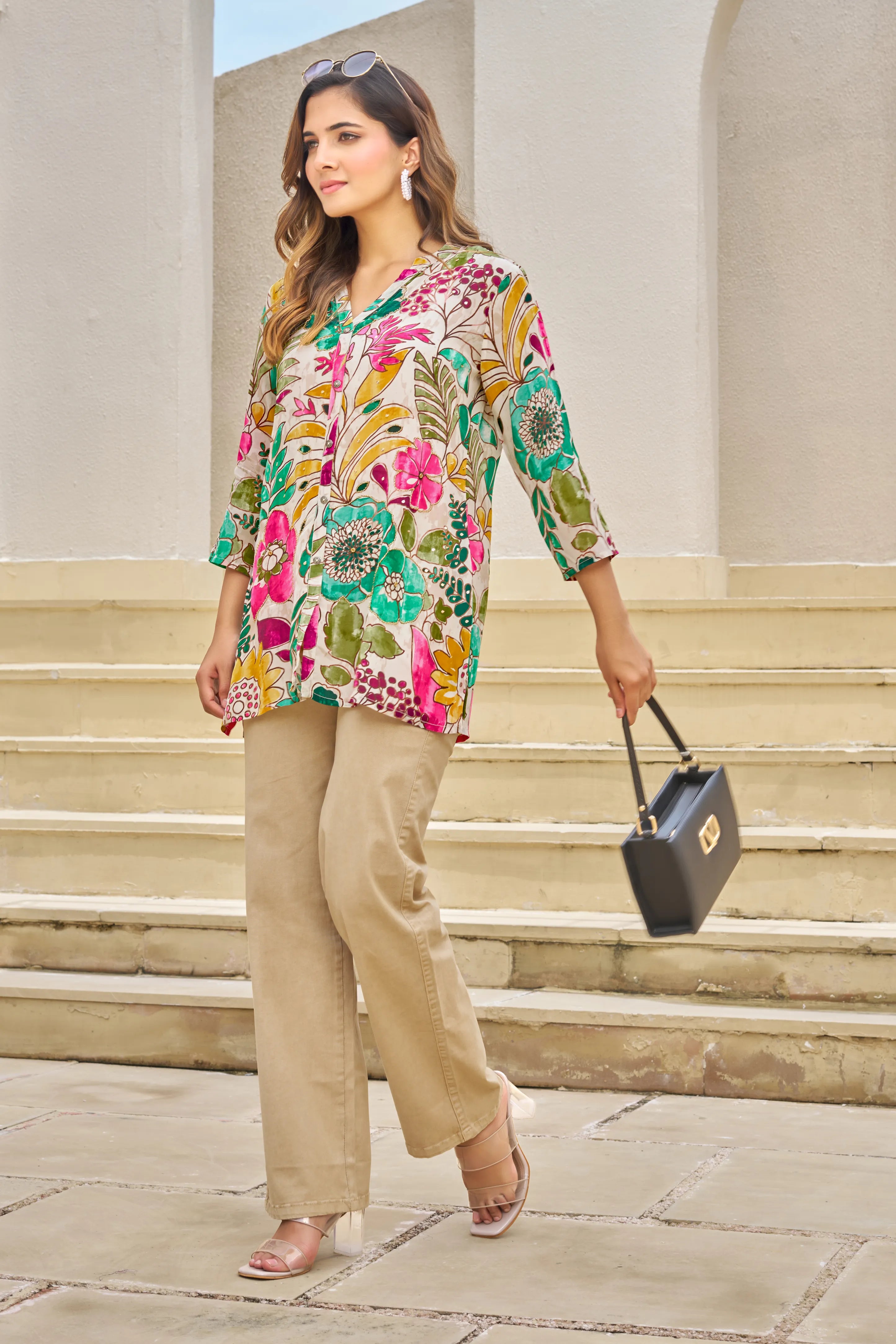 Off-White Base Multicolor Embellished Floral Muslin Tunic