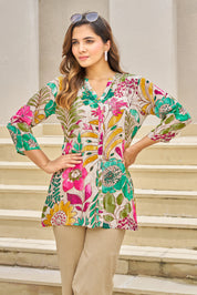 Off-White Base Multicolor Embellished Floral Muslin Tunic