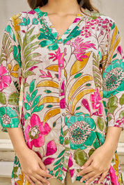 Off-White Base Multicolor Embellished Floral Muslin Tunic