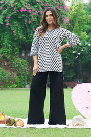 White Base Black Print Cotton Cambric Short Kurti