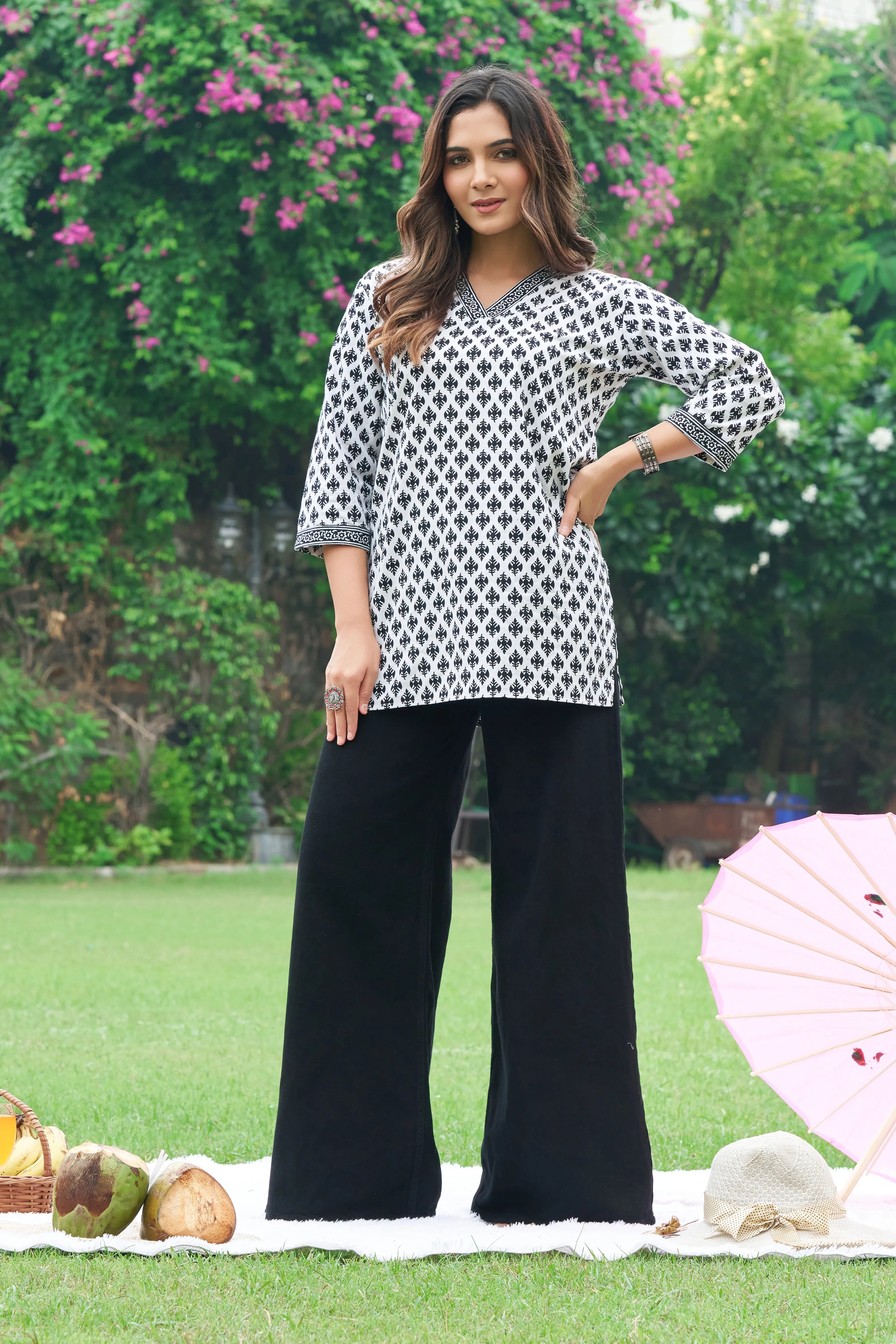 White Base Black Print Cotton Cambric Short Kurti