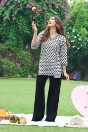 White Base Black Print Cotton Cambric Short Kurti