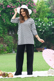 White Base Black Print Cotton Cambric Short Kurti