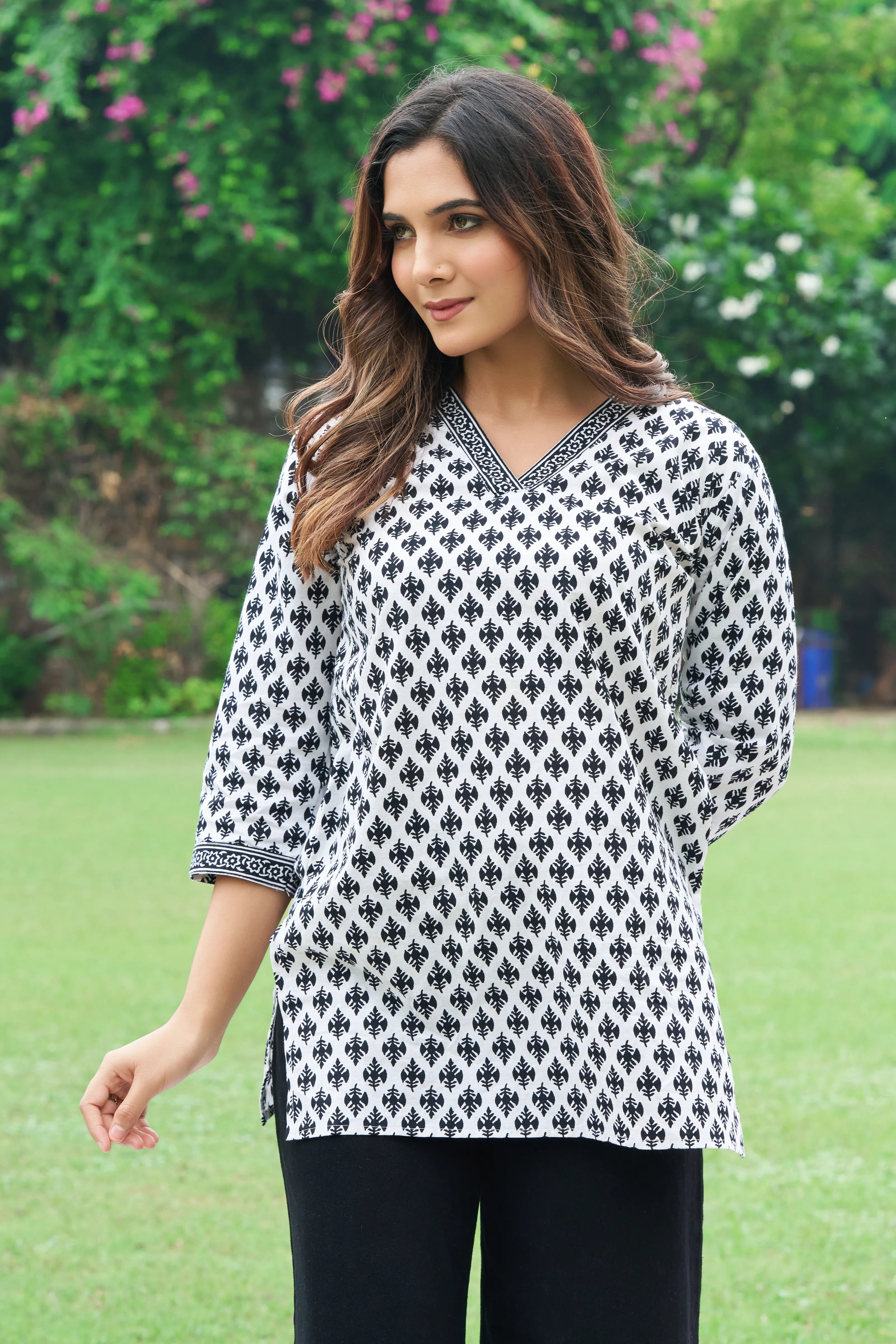 White Base Black Print Cotton Cambric Short Kurti
