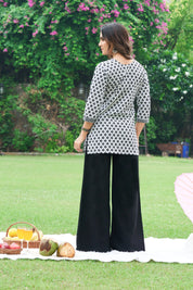 White Base Black Print Cotton Cambric Short Kurti