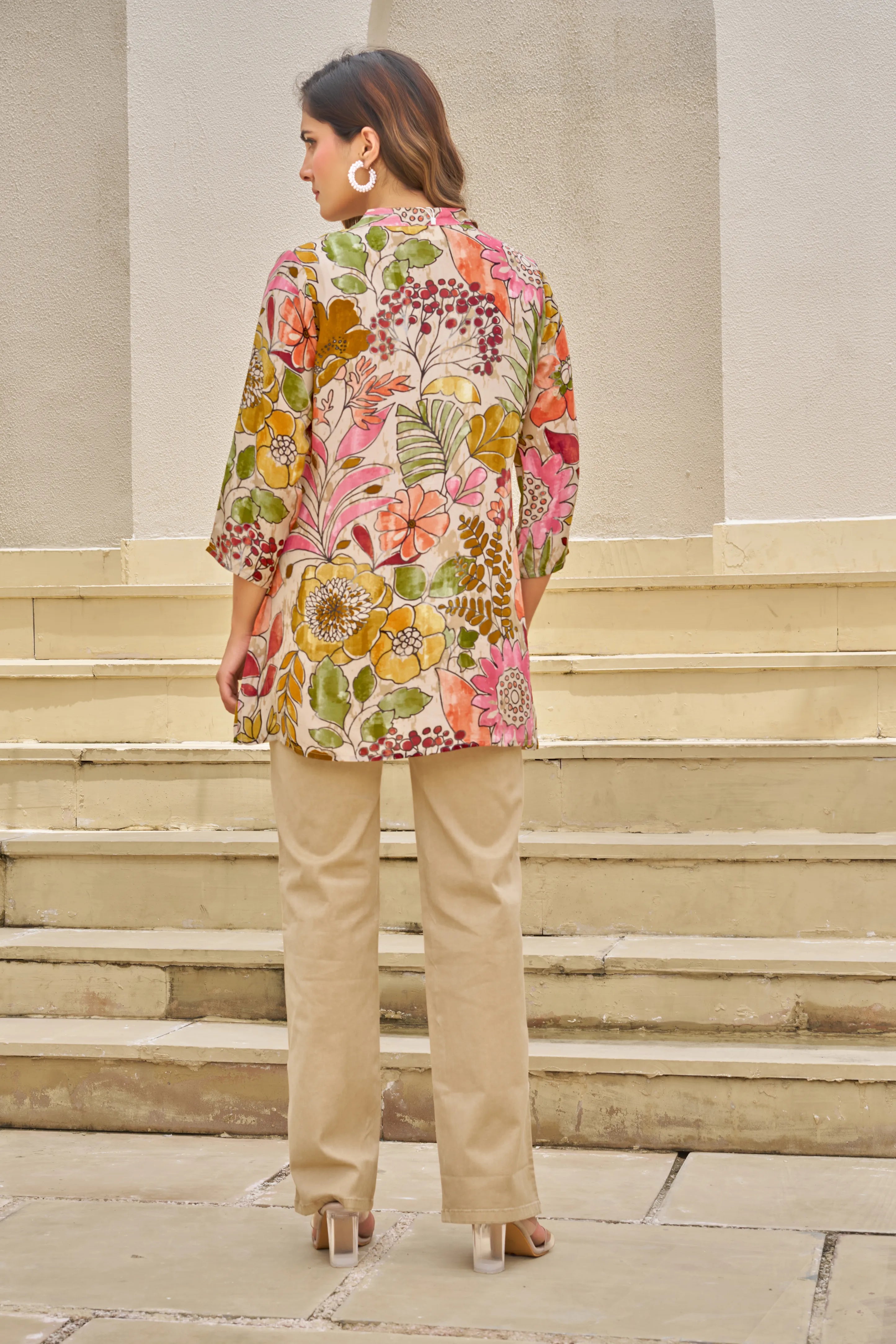 Light Beige Base Multicolor Embellished Floral Muslin Tunic