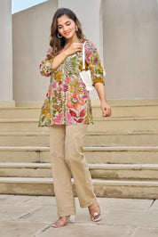 Light Beige Base Multicolor Embellished Floral Muslin Tunic