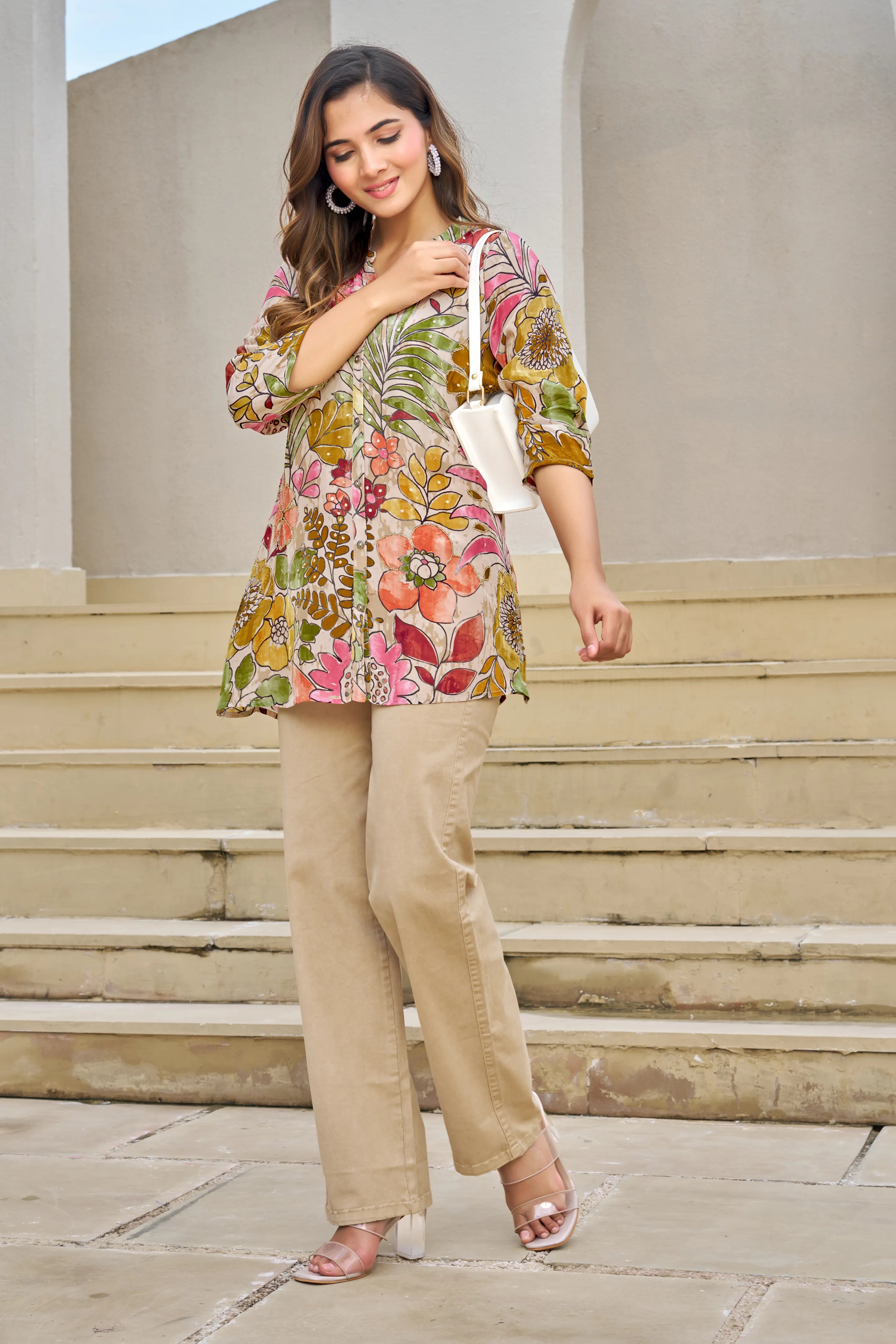 Light Beige Base Multicolor Embellished Floral Muslin Tunic