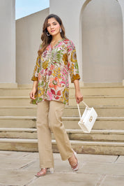 Light Beige Base Multicolor Embellished Floral Muslin Tunic
