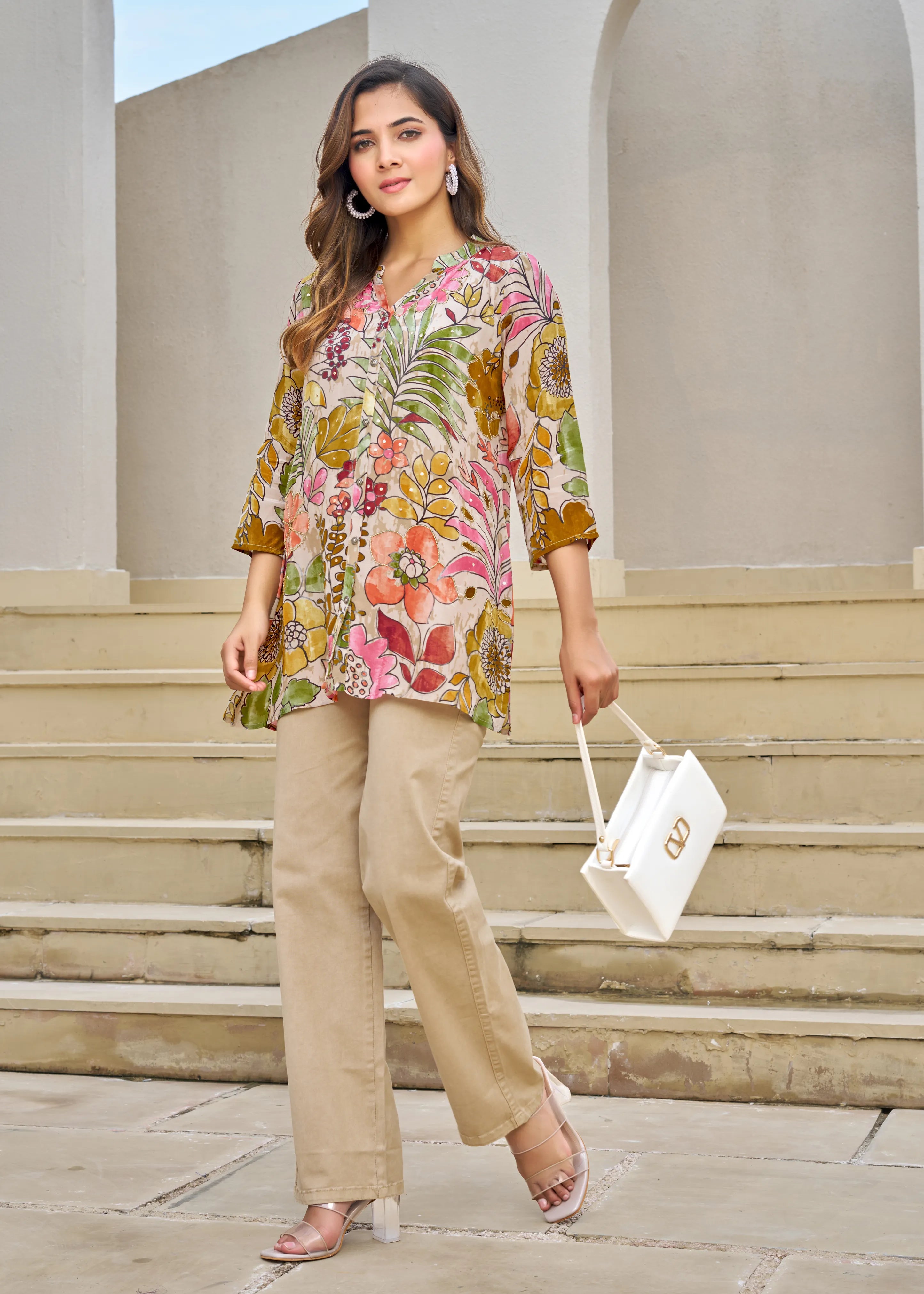 Light Beige Base Multicolor Embellished Floral Muslin Tunic