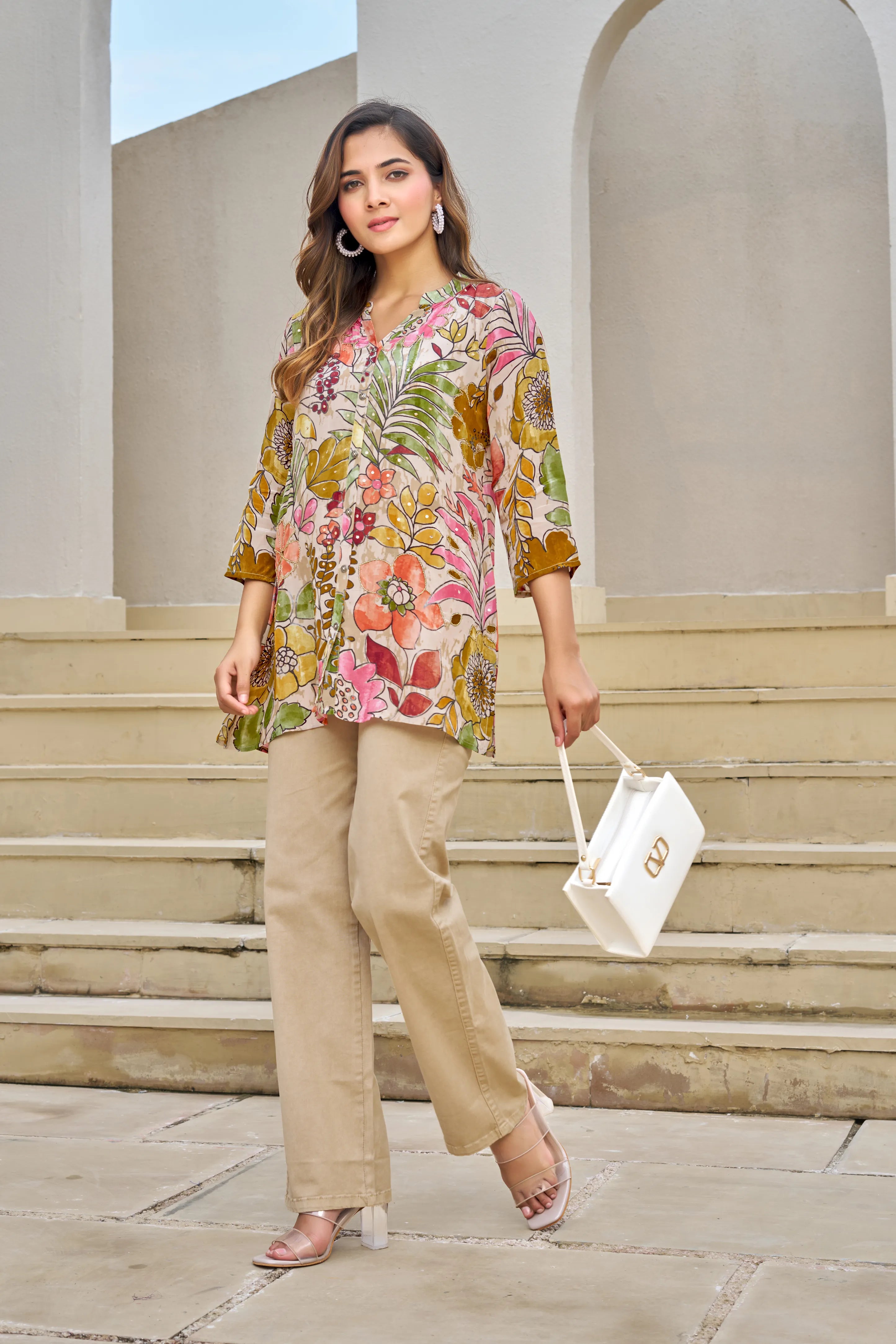 Light Beige Base Multicolor Embellished Floral Muslin Tunic