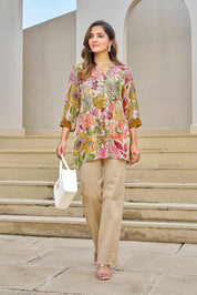 Light Beige Base Multicolor Embellished Floral Muslin Tunic