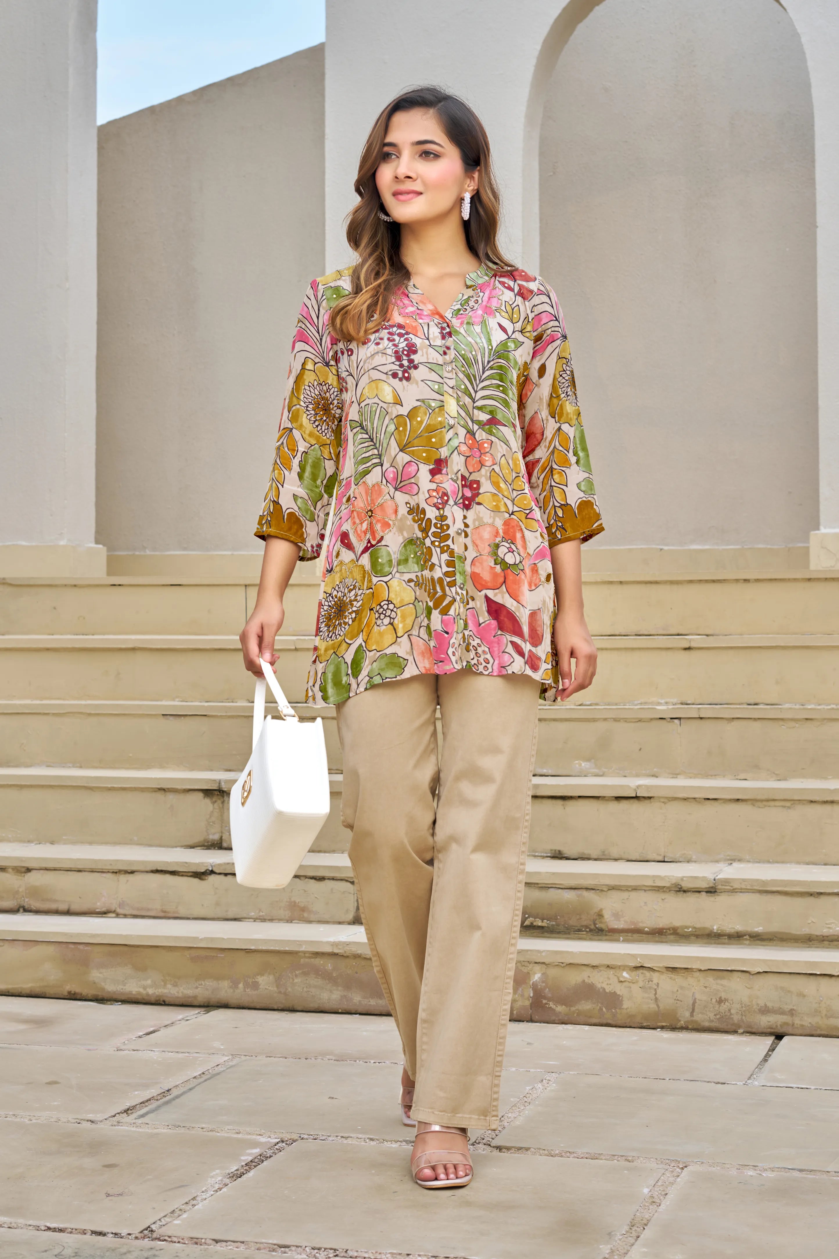 Light Beige Base Multicolor Embellished Floral Muslin Tunic