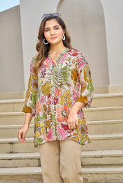 Light Beige Base Multicolor Embellished Floral Muslin Tunic