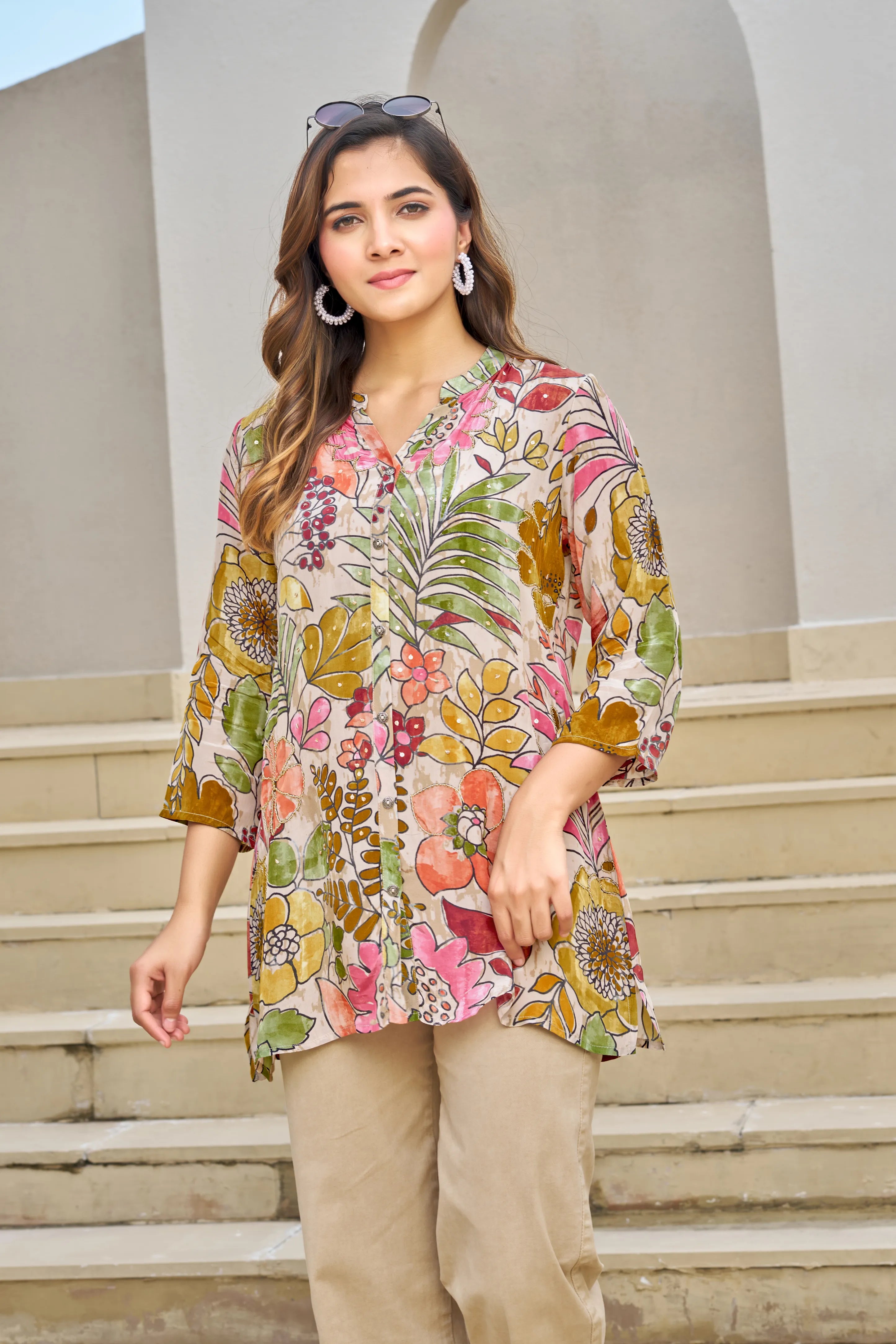 Light Beige Base Multicolor Embellished Floral Muslin Tunic