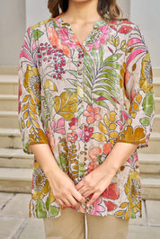 Light Beige Base Multicolor Embellished Floral Muslin Tunic